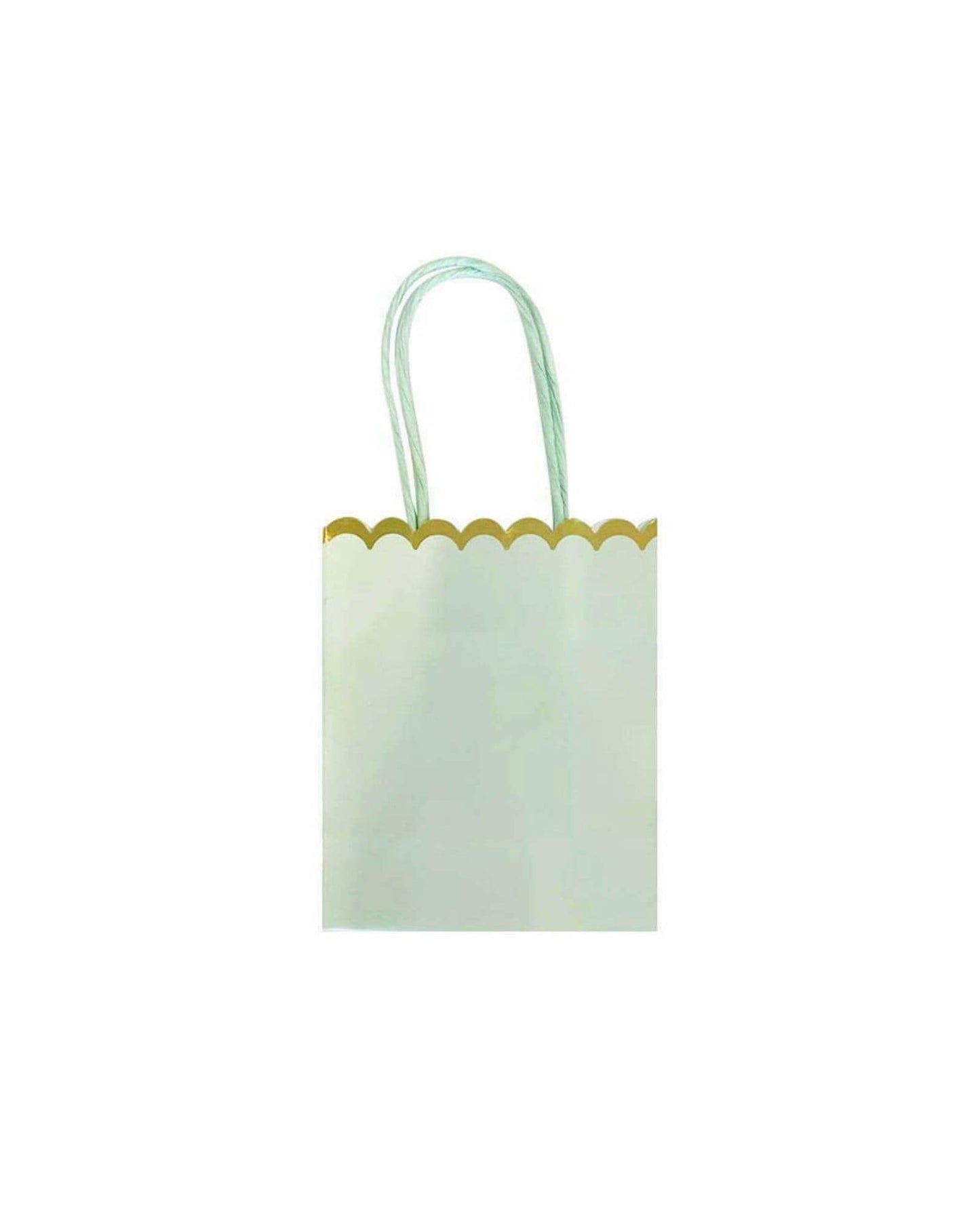 A light green bag with a scalloped gold edge and twisted handles, perfect for gifting or special occasions.