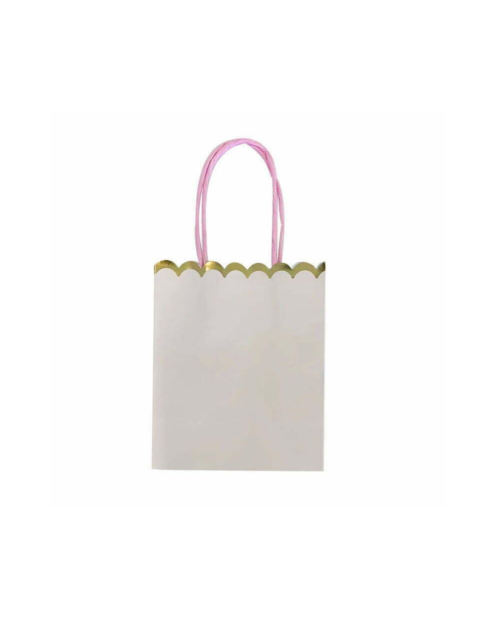 A simple white bag with a scalloped golden top and pink handles, perfect for gifting or special occasions.