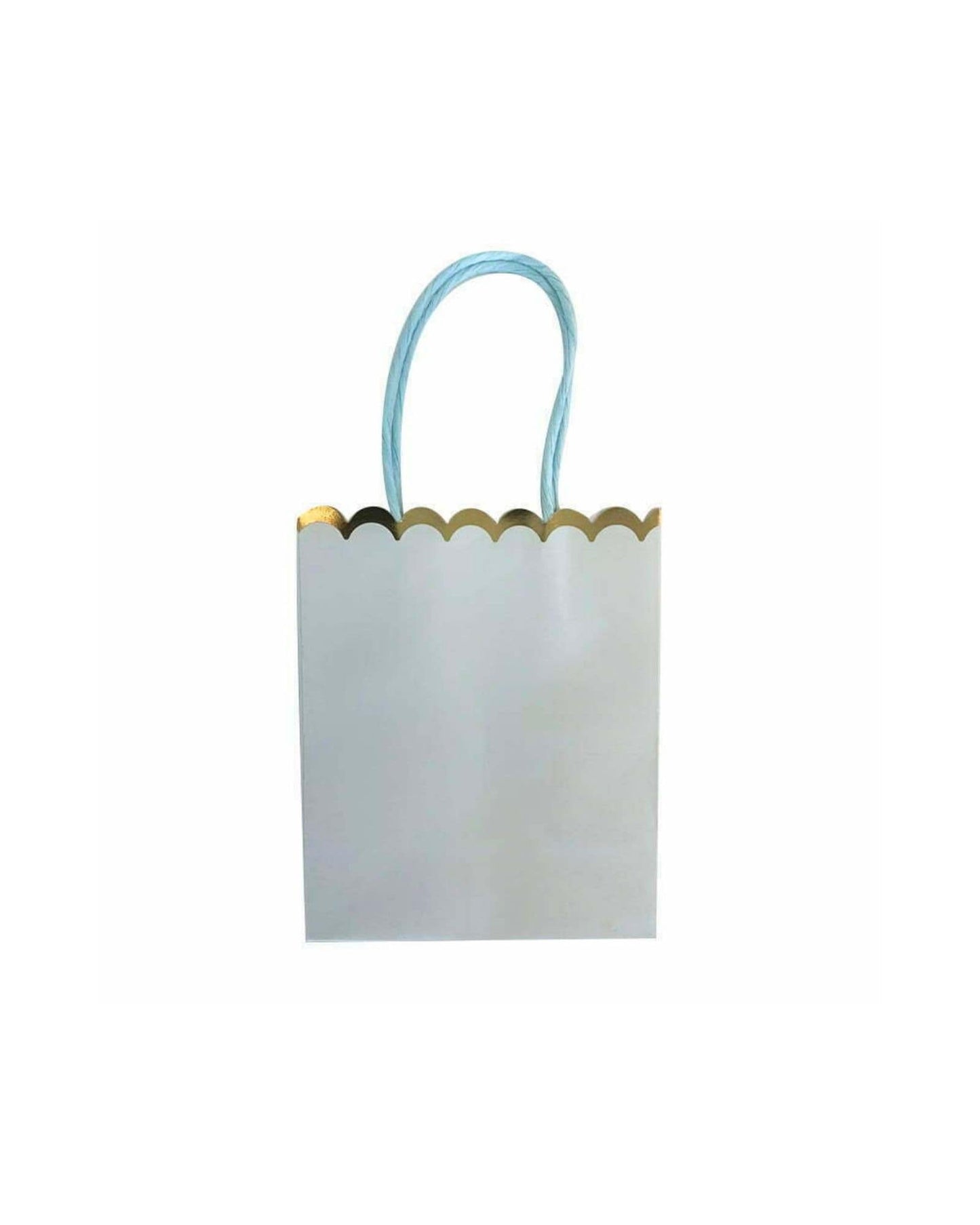 A simple white bag with a scalloped gold top and light blue handles, set against a plain background.