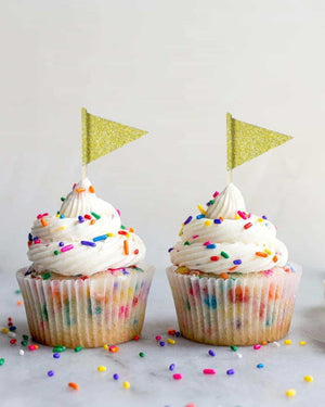 
            
                Load image into Gallery viewer, Glitter Gold Flag Cupcake Picks - A Little Whimsy
            
        