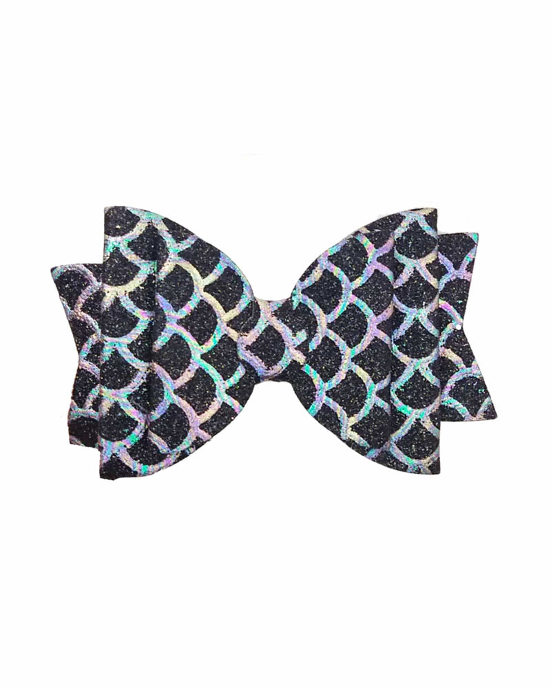 
            
                Load image into Gallery viewer, mermaid scales hair bow, black with colourful scales
            
        