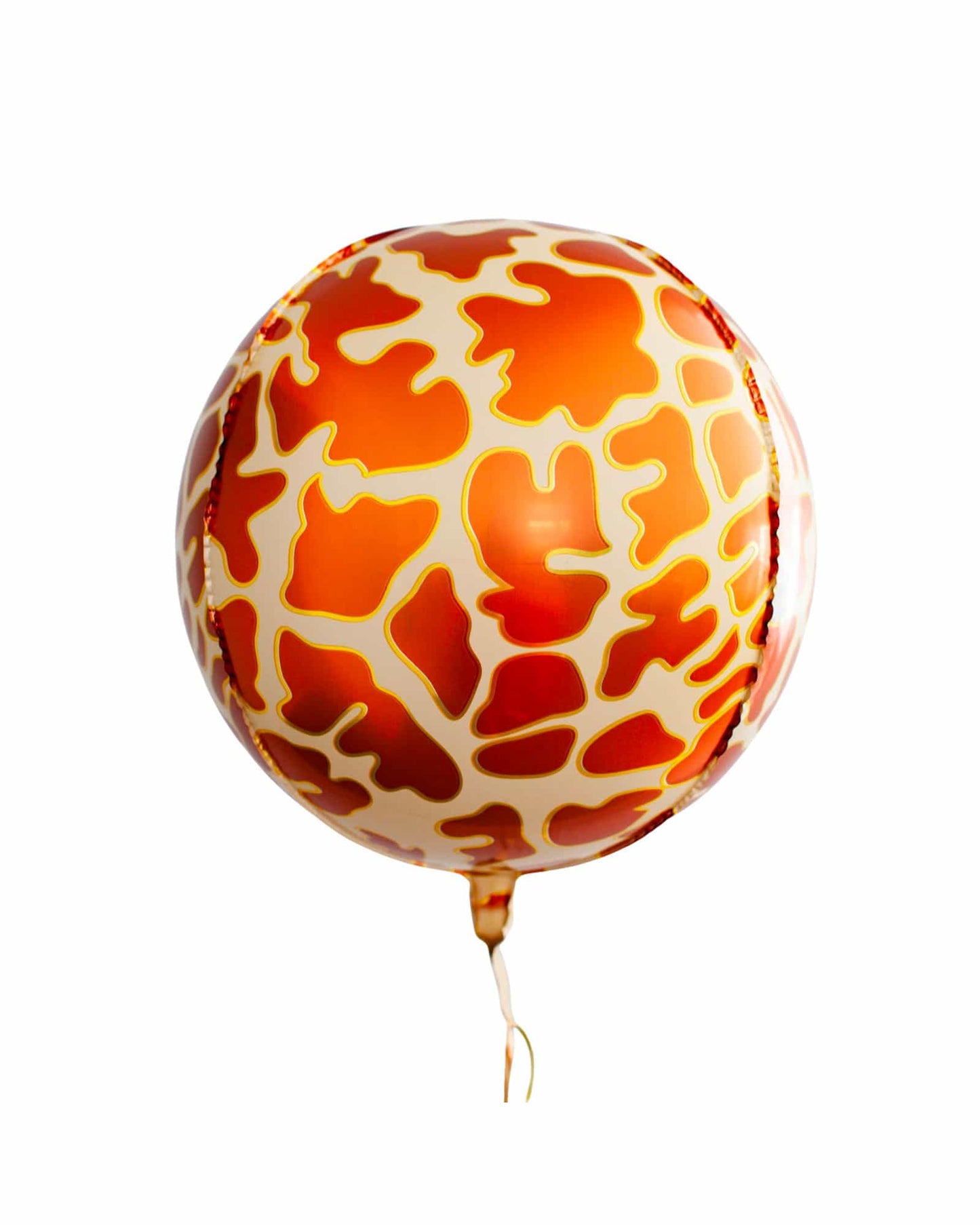 A round balloon featuring a vibrant orange and yellow abstract pattern resembling animal spots.