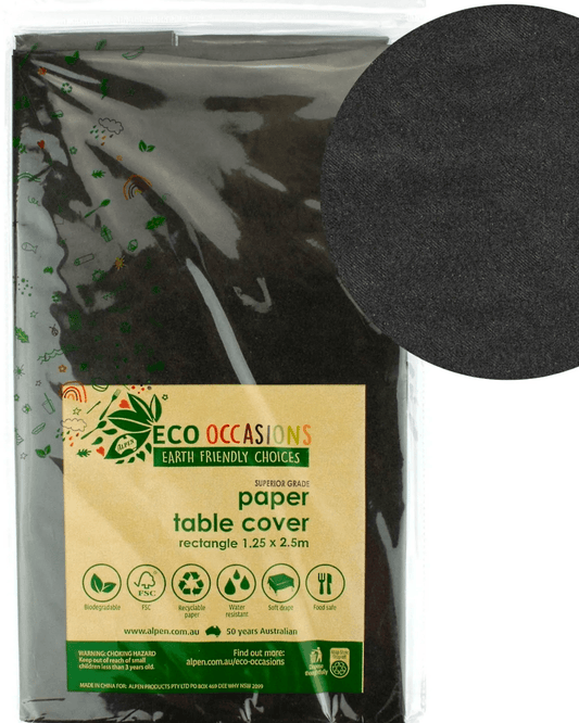 Eco-friendly black table cover with colorful nature-themed illustrations on the packaging.