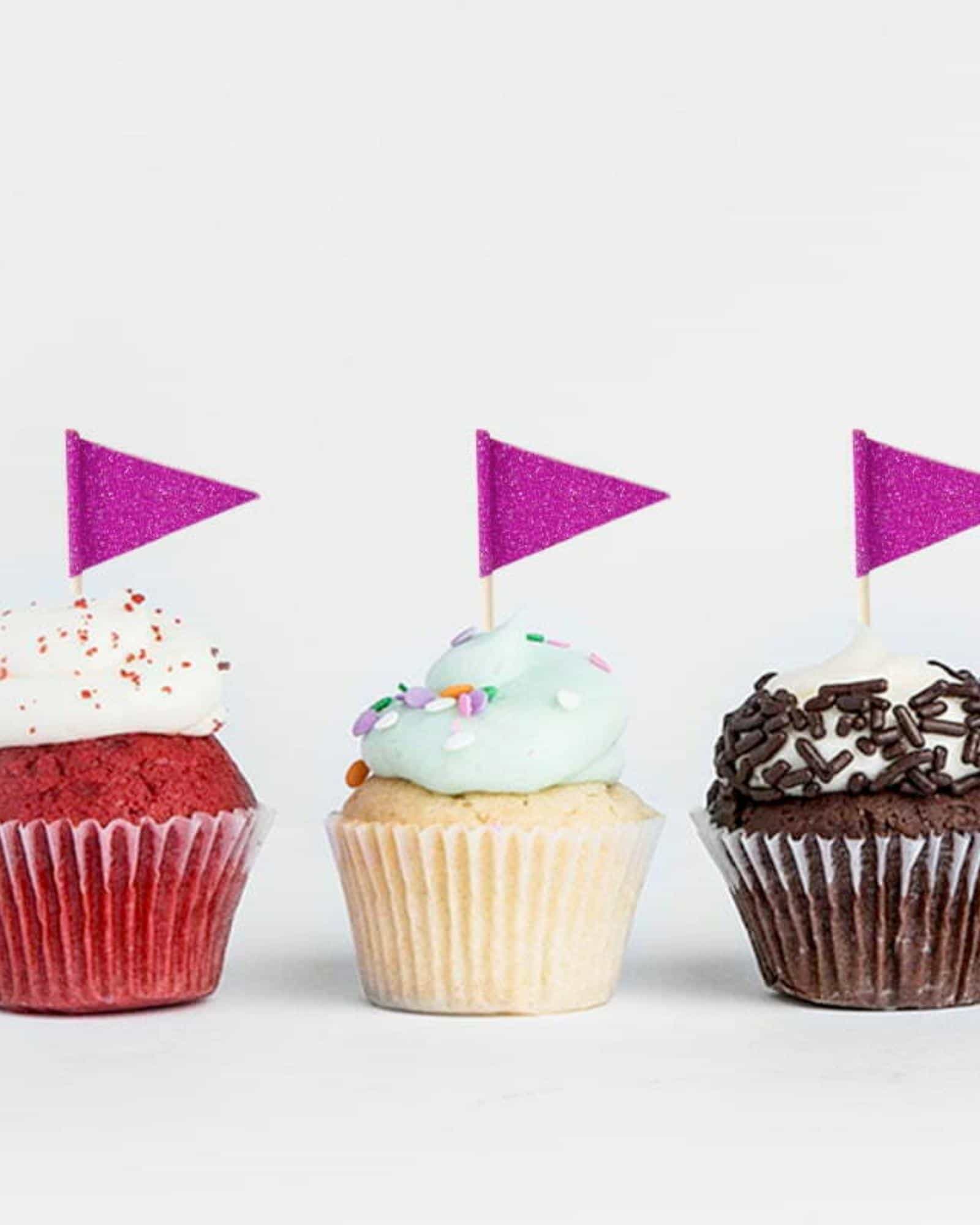 Three colorful cupcakes topped with frosting and festive purple flags, set against a simple white background.