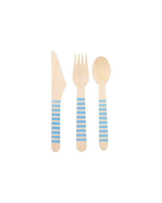 Wooden cutlery set featuring a knife, fork, and spoon, each with light blue striped handles against a white background.