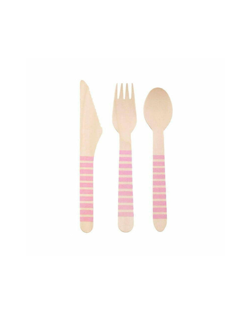 Pink Striped Wooden Cutlery Set 18 Piece