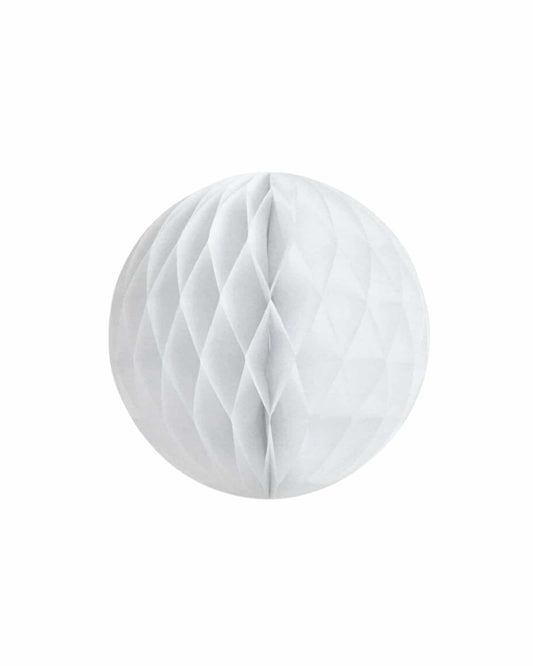 White honeycomb sphere with a textured, geometric pattern, creating a soft, elegant appearance against a plain background.