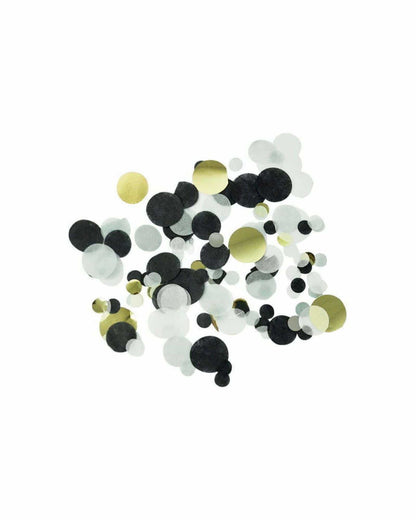 A scattered arrangement of circular shapes in black, gold, and gray on a white background creates a playful visual effect.