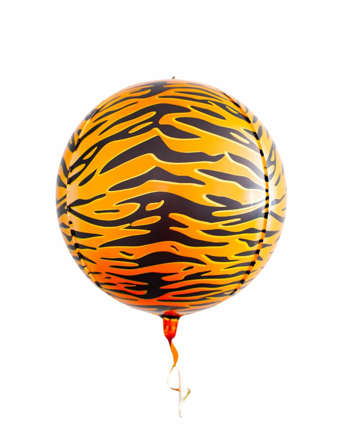 A round balloon featuring a vibrant orange and black tiger stripe pattern, tied with a twisting ribbon.