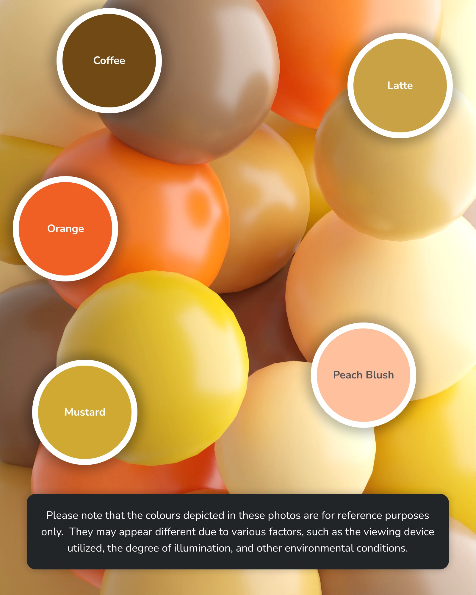 Colorful round shapes in warm tones, labeled with names like Coffee, Latte, Orange, Mustard, and Peach Blush.