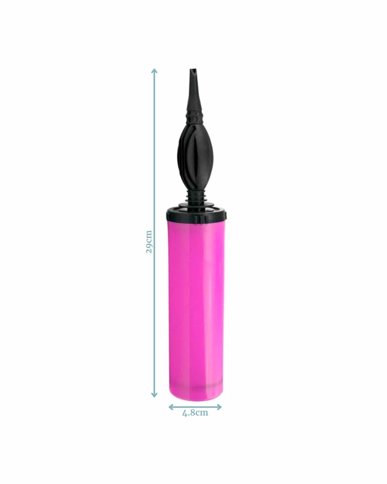 A tall, cylindrical pump in bright pink with a black nozzle, measuring 29cm in height and 4.8cm in diameter.