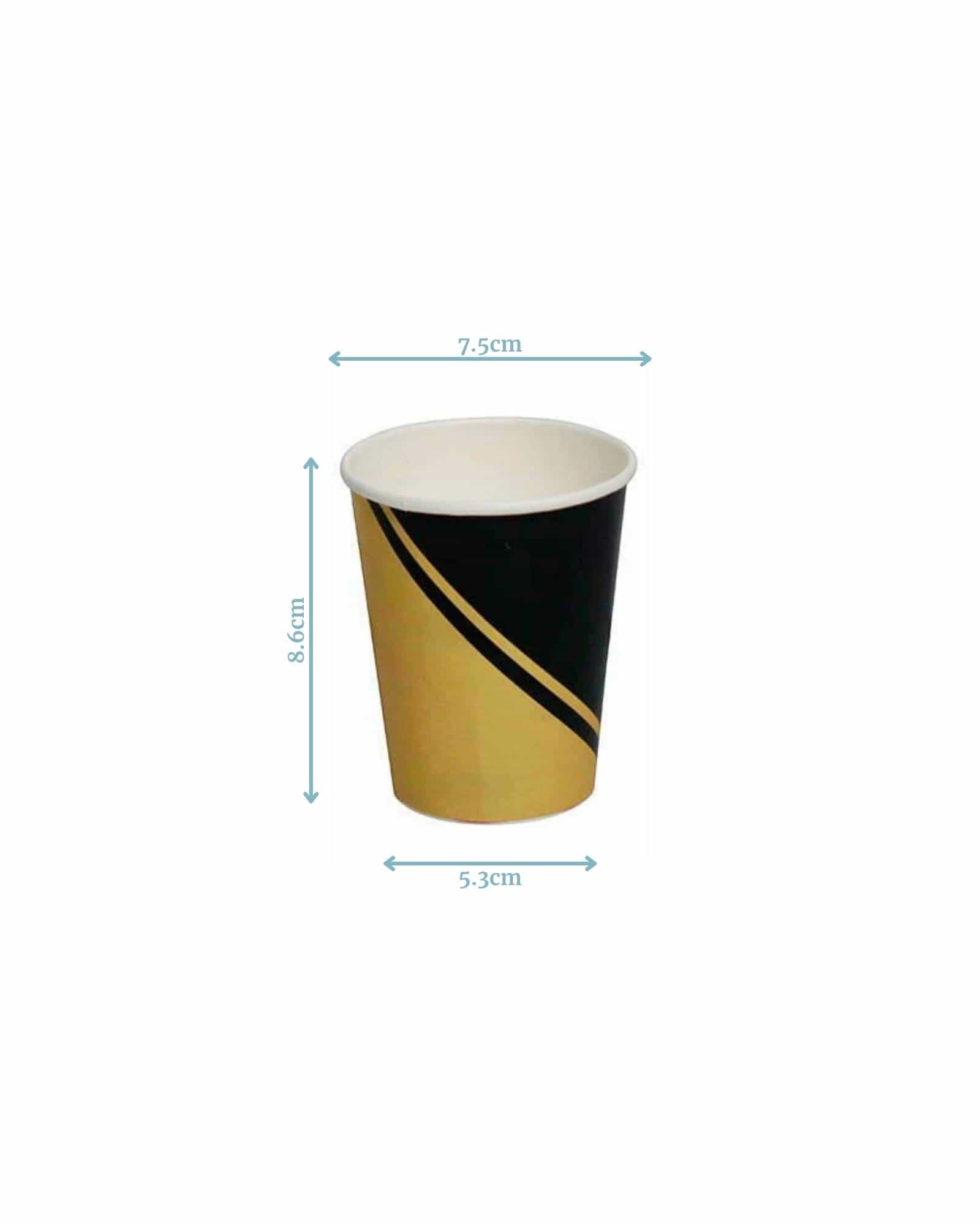 Black and gold cup with measurements: height 8.6 cm, top diameter 7.5 cm, bottom diameter 5.3 cm.