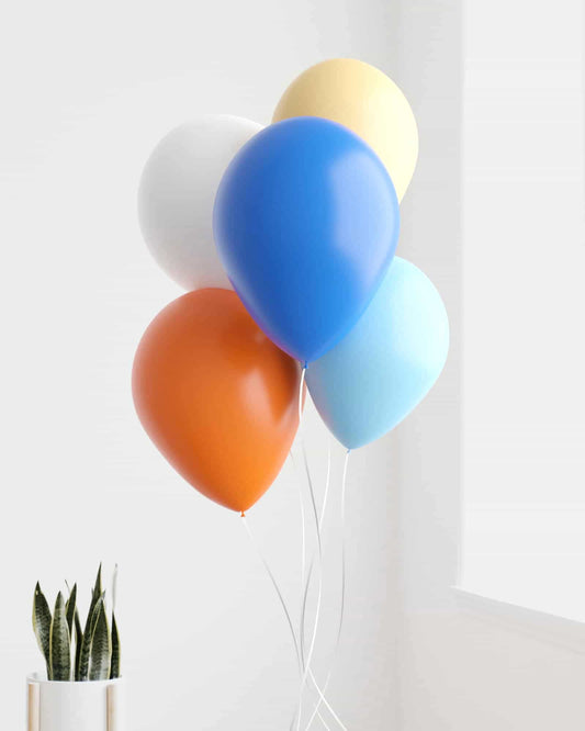 A vibrant bunch of balloons in blue, orange, yellow, white, and light blue, paired with a green plant in a pot.