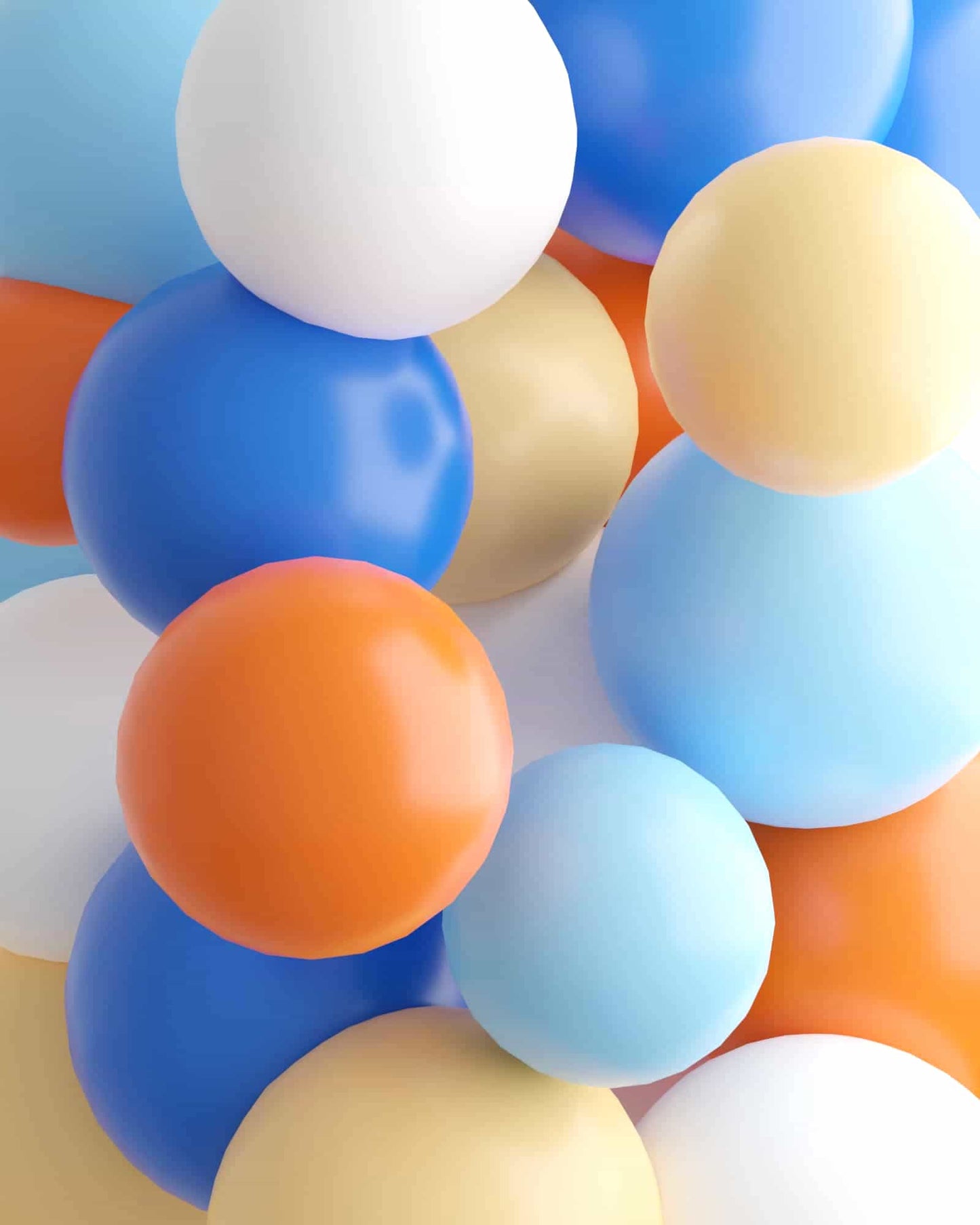 A colorful arrangement of glossy spheres in shades of blue, orange, white, and gold, creating a vibrant, playful scene.