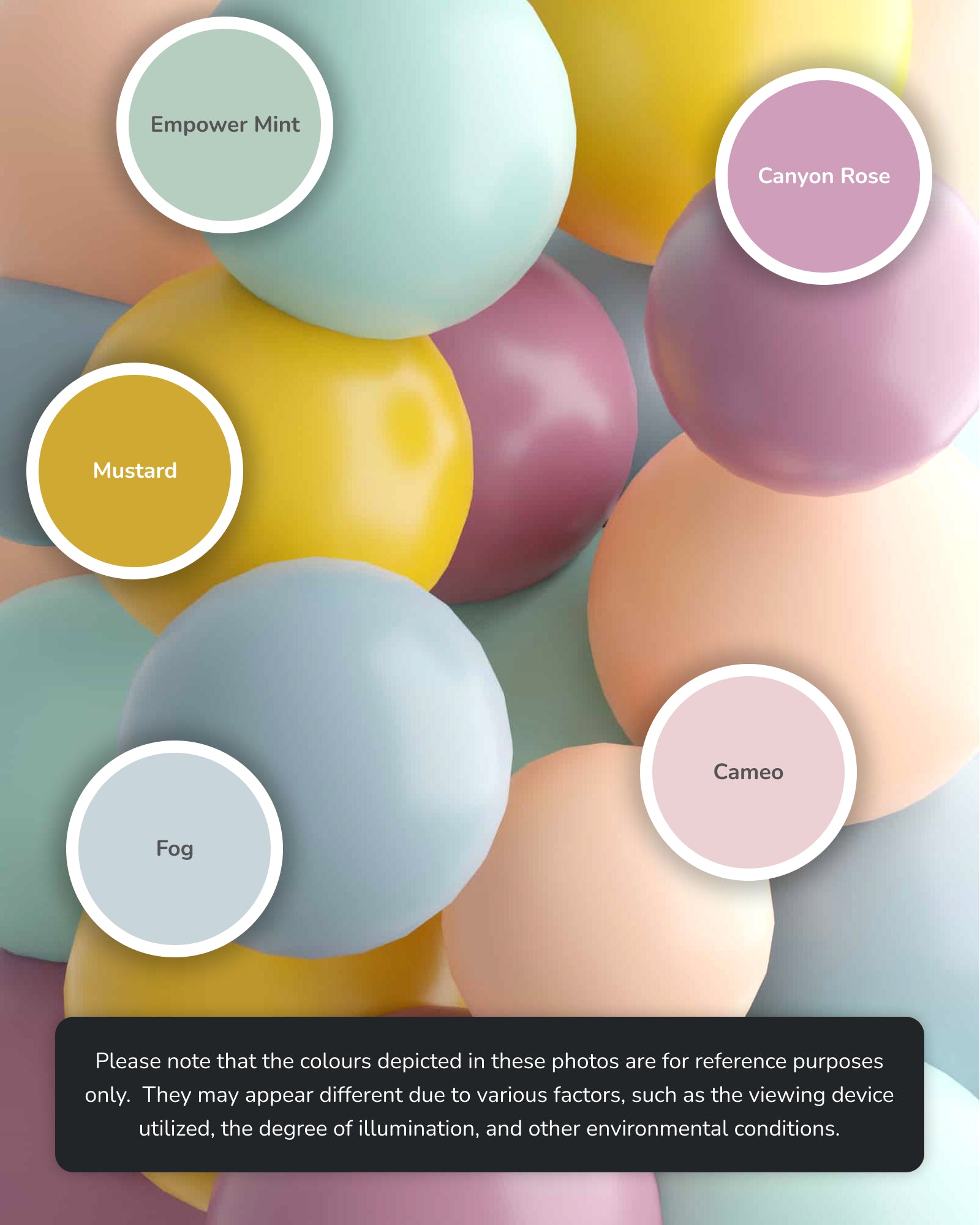 A collection of colorful spheres in soft pastels, labeled with names like Empower Mint, Mustard, and Canyon Rose.