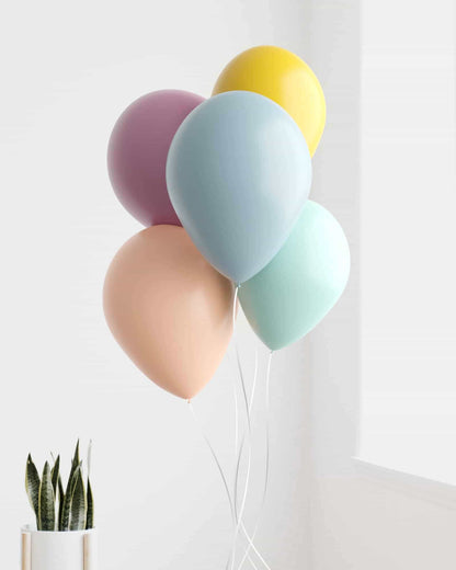 A cluster of five pastel balloons in soft shades of pink, blue, yellow, and mint, beside a potted plant.