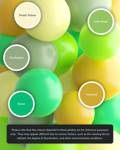 Colorful spheres in shades of yellow and green with labels for Pastel Yellow, Eucalyptus, Lime Green, Green, and Mustard.