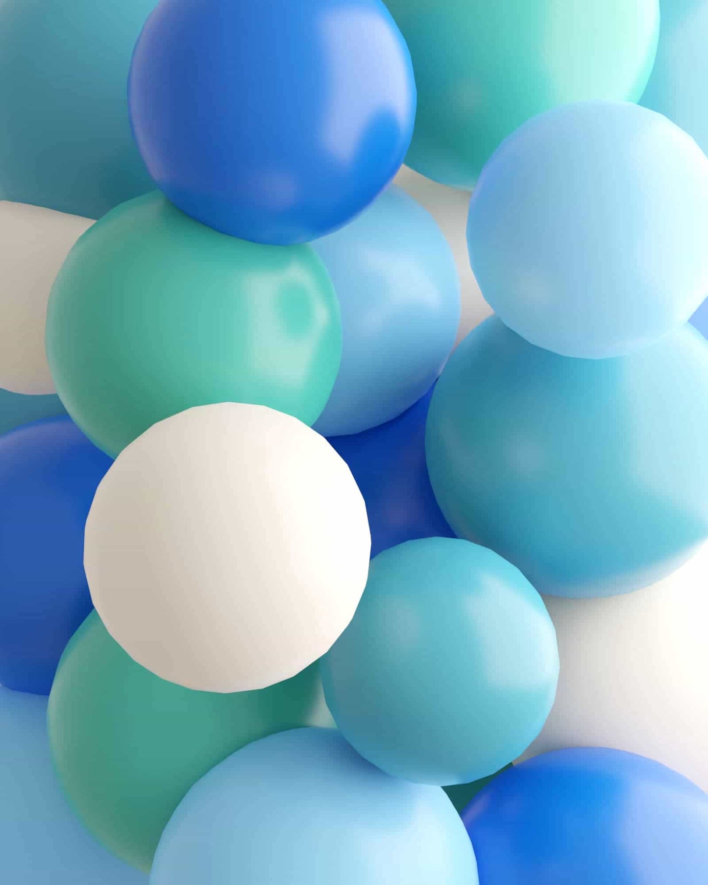 A vibrant mix of blue, green, and white spheres clustered together, creating a cheerful and playful atmosphere.