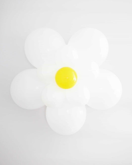 A large white daisy shape with a bright yellow center, set against a minimalist white background.