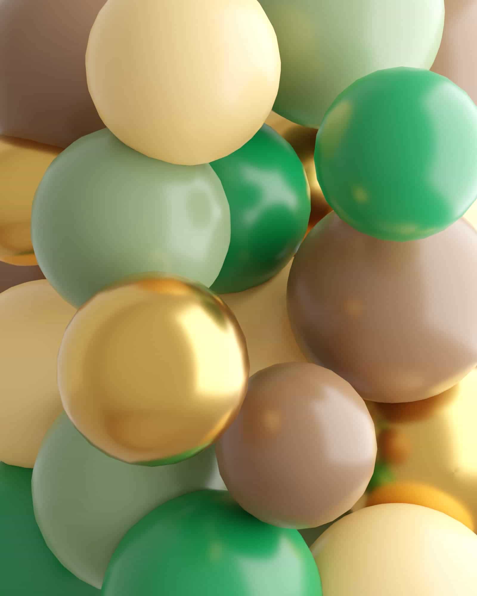 A vibrant mix of green, gold, and brown spheres clustered together, creating a whimsical, enchanting atmosphere.