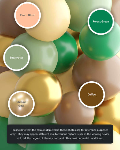 A vibrant arrangement of colorful spheres in shades of green, gold, peach, and brown with labels for color references.