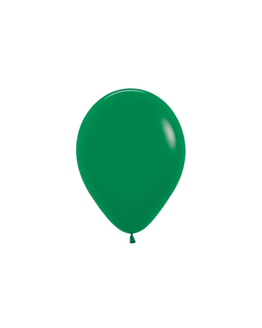 A vibrant, glossy forest green balloon with a rounded shape and a small tied end, set against a white background.