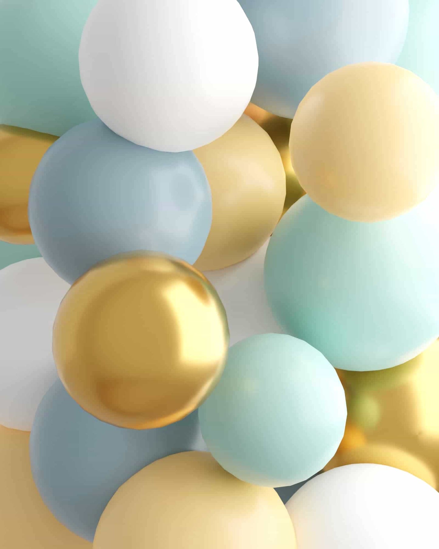 A colorful arrangement of glossy spheres in soft blue, white, gold, and pale yellow tones, creating a playful visual texture.