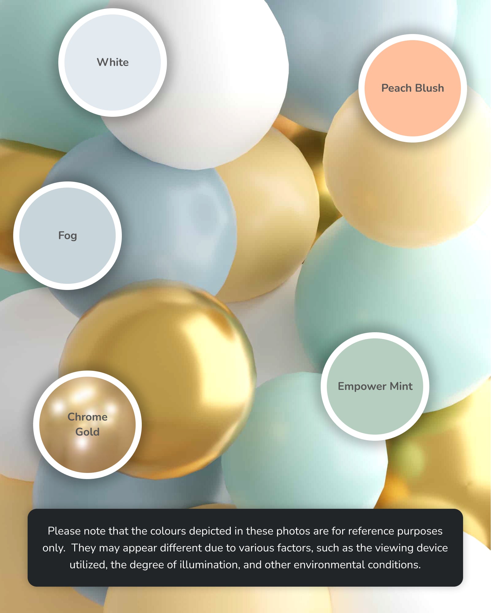 A collection of pastel and metallic spheres in various shades, featuring color labels like Peach Blush and Chrome Gold.