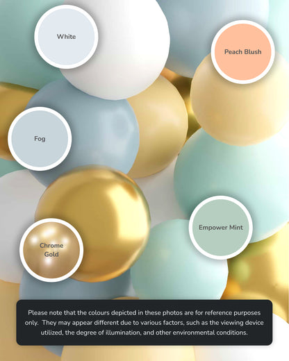 Colorful spheres in pastel shades of peach, mint, gold, and white arranged creatively with labeled color names.