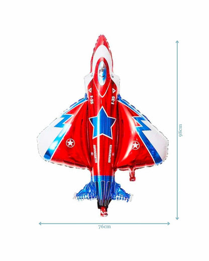 Colorful jet plane balloon with red, blue, and white features, measuring 76cm wide by 98cm tall.