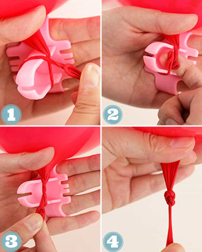 Step-by-step guide showing hands tying a red balloon using a pink tool for a secure knot.