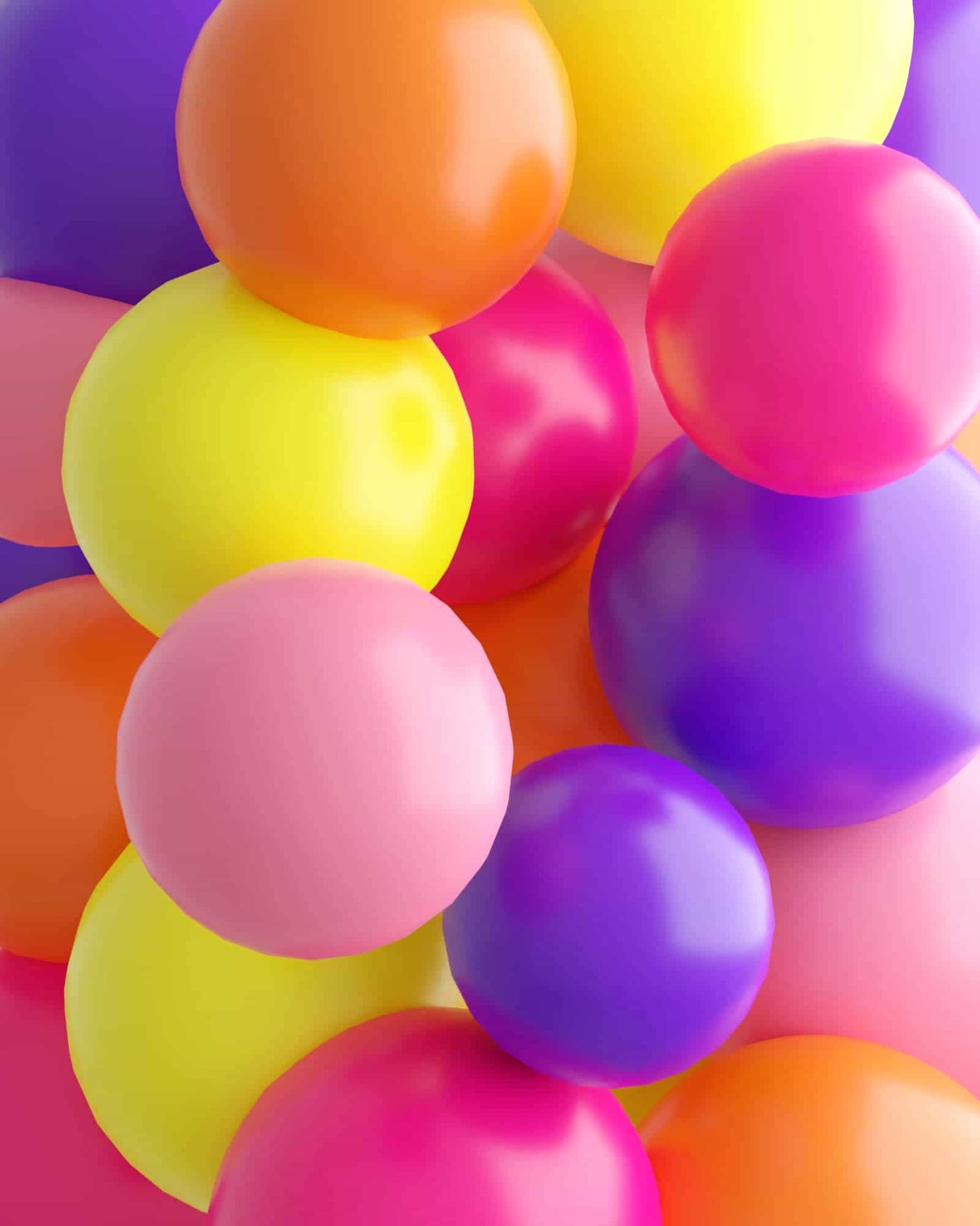 A vibrant mix of glossy balloons in pink, yellow, orange, purple, and more, creating a playful and colorful display.