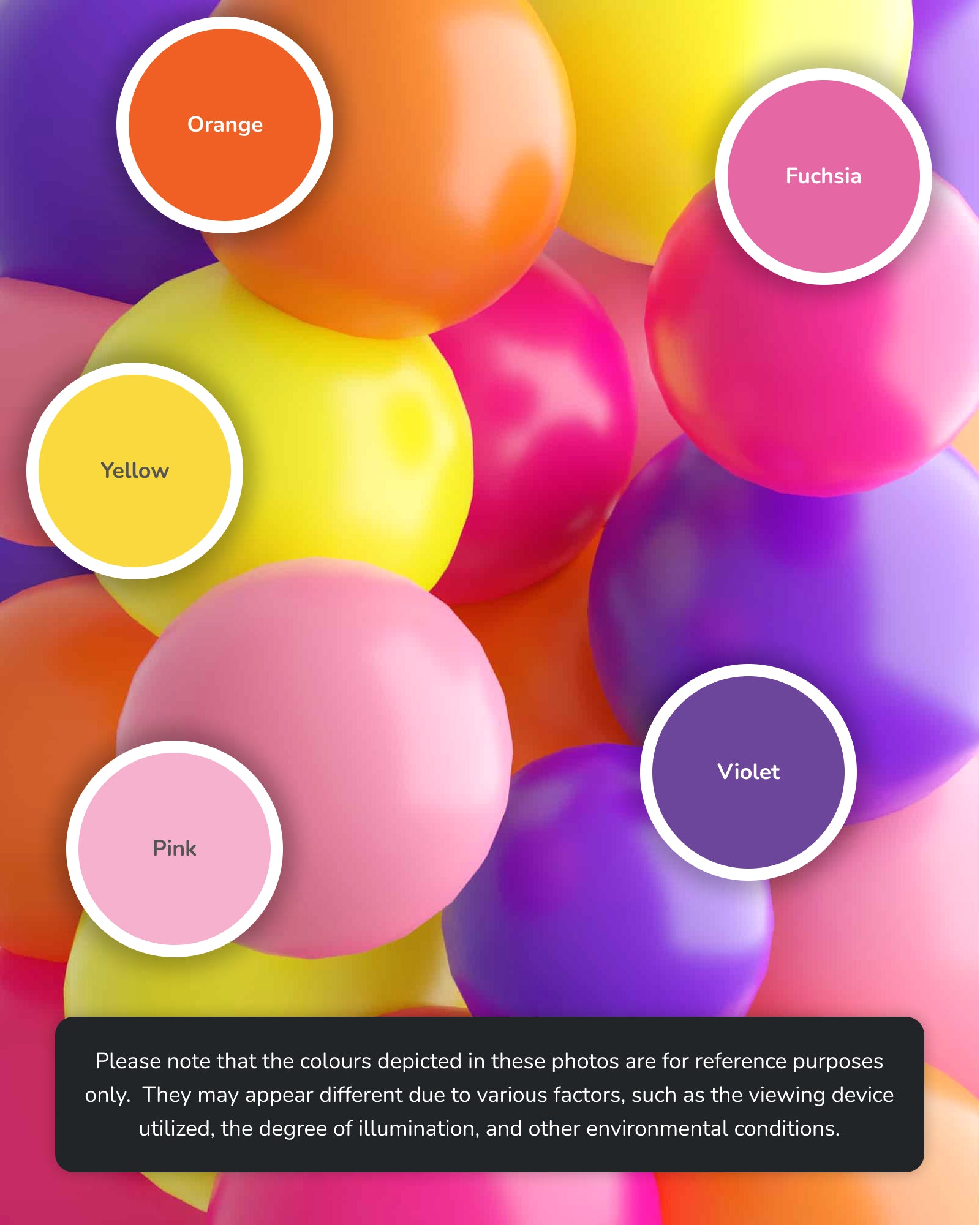 Colorful, glossy spheres in shades of orange, fuchsia, yellow, pink, and violet arranged playfully against a soft background.