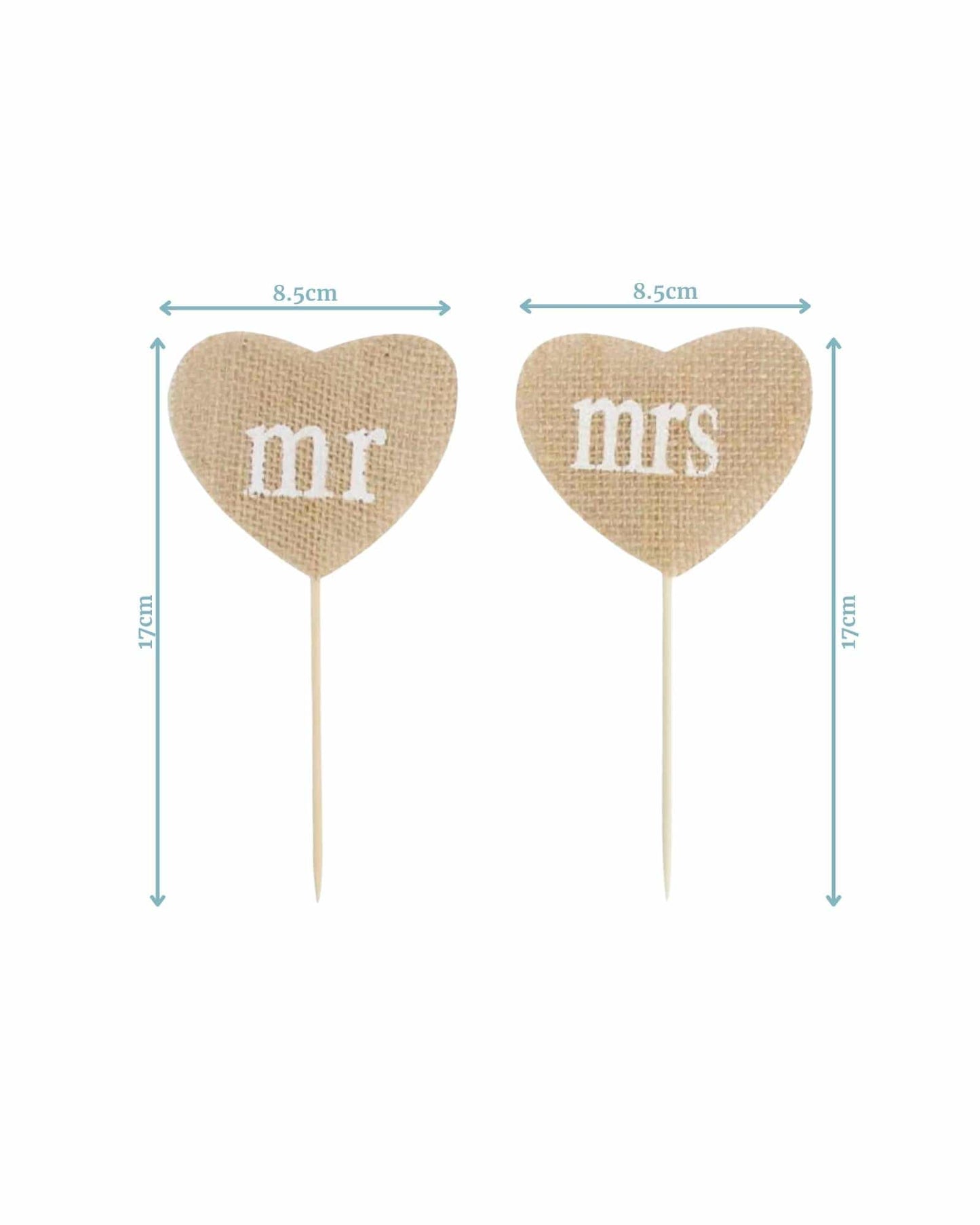 Heart-shaped toppers in burlap with "mr" and "mrs" in white, measuring 8.5cm wide and 17cm tall.