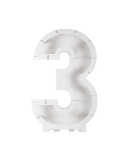 A large, hollow number three in white, featuring smooth curves and a modern, minimalist design.