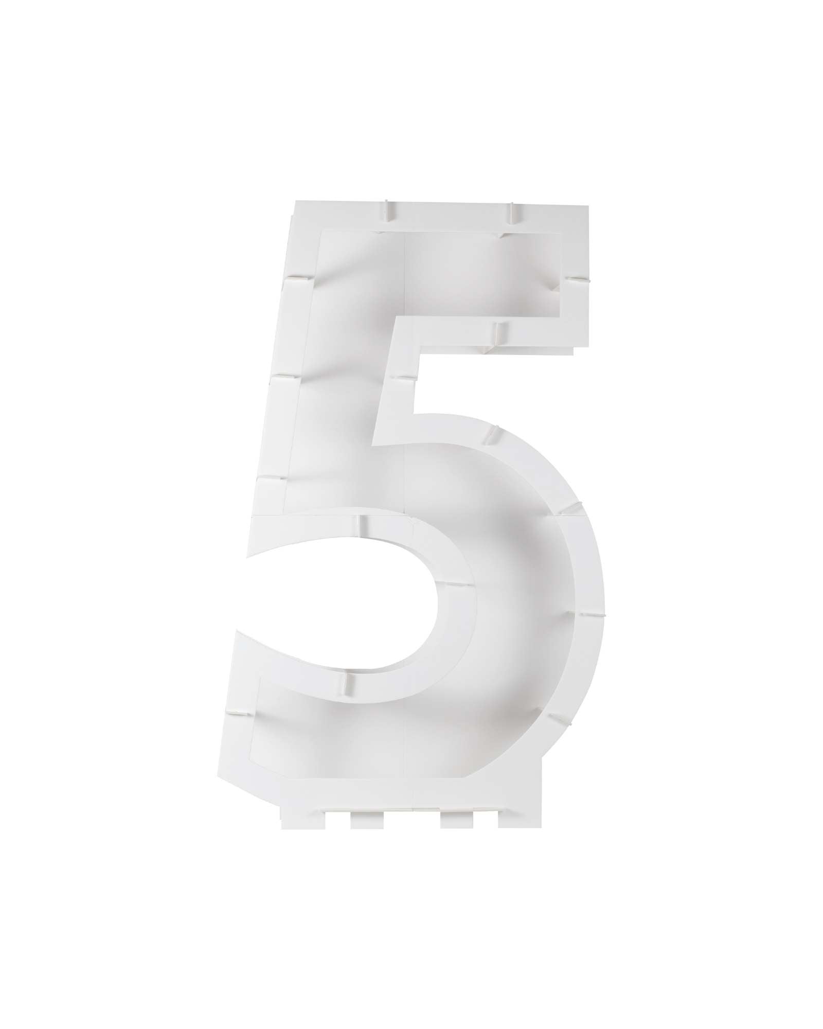 A large, white numeral "5" featuring a modern, geometric design with cut-out sections for a contemporary look.