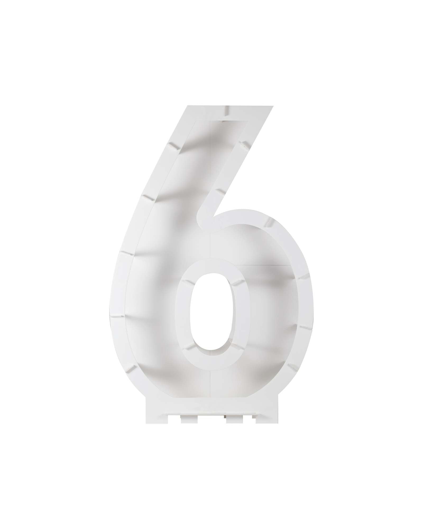 Large white numeral "6" with an open center, featuring a modern, minimalist style against a plain background.