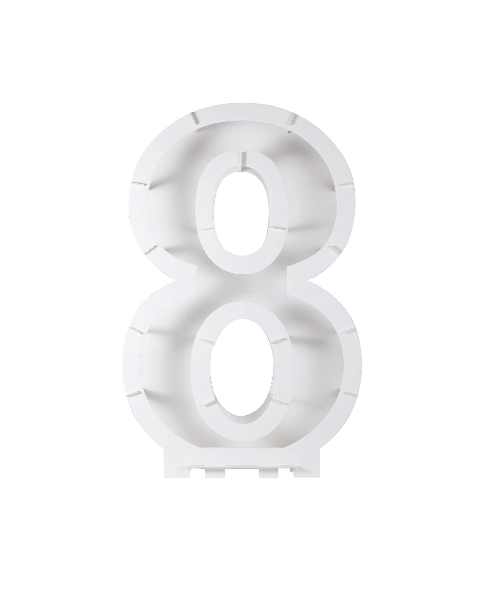 White number eight with hollow centers, featuring a smooth finish and rounded edges on a clean background.