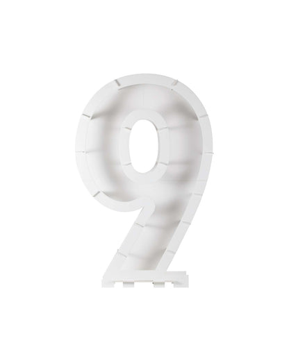 A large, white, three-dimensional number 9 with a smooth, modern shape and hollow center.