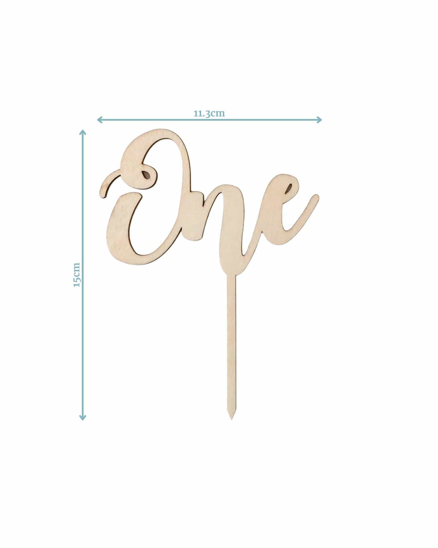 A wooden decoration featuring the word "One" in a stylish cursive font, measuring 11.3 cm wide and 15 cm tall.