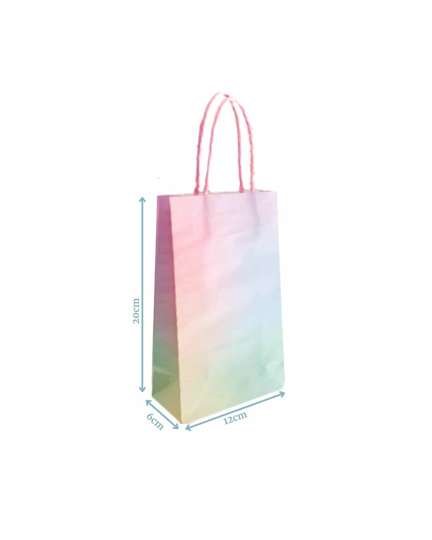 Pastel ombre gift bag with handles, featuring a gradient from pink to blue, measuring 20cm tall and 12cm wide.