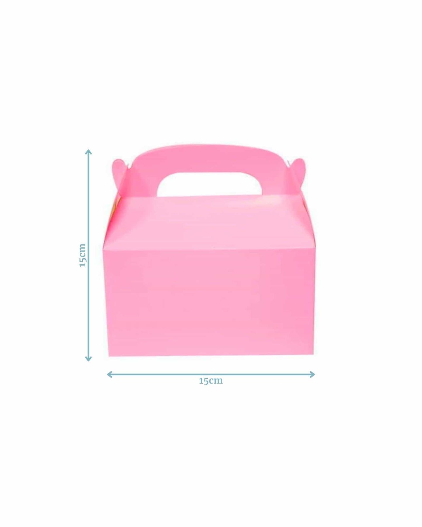 Bright pink container with a handle, measuring 15cm on each side and 15cm tall, featuring a smooth, glossy surface.