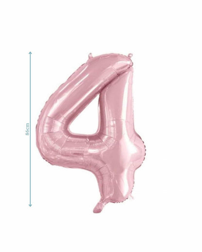 Pink foil balloon shaped like the number four, measuring 86 cm in height.