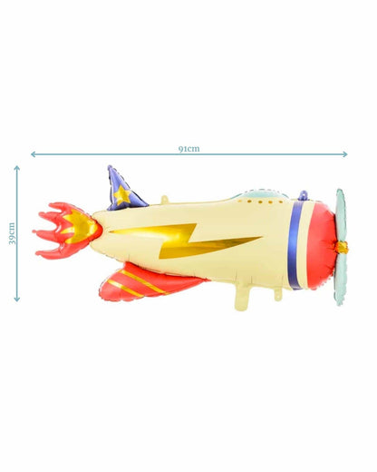 Colorful balloon shaped like an airplane, measuring 91cm by 39cm, with vibrant details and a fun design.