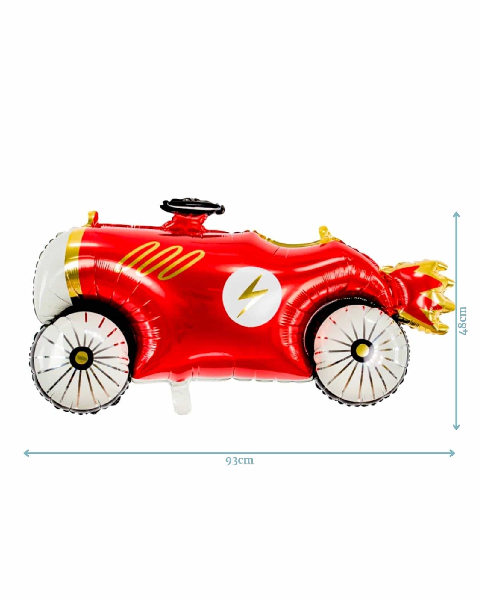 Red retro car-shaped balloon with a lightning bolt design and golden flames, measuring 93cm by 48cm.