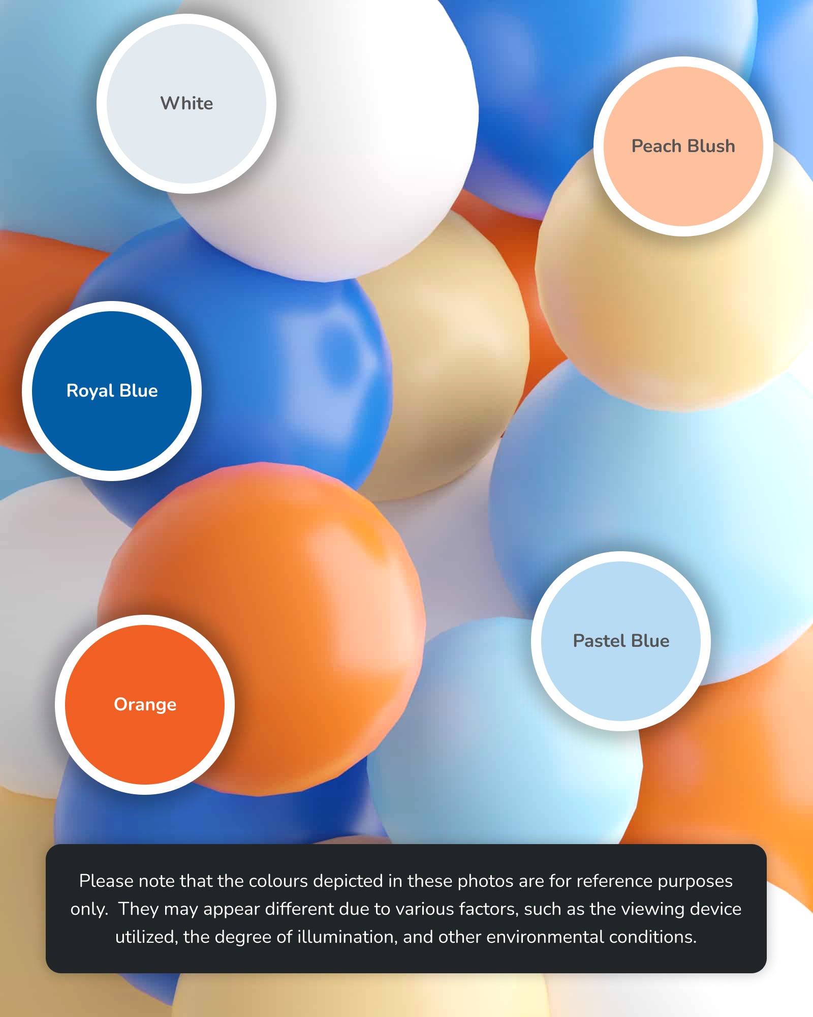 Colorful spheres in various shades including royal blue, peach blush, and pastel blue, arranged in a vibrant display.