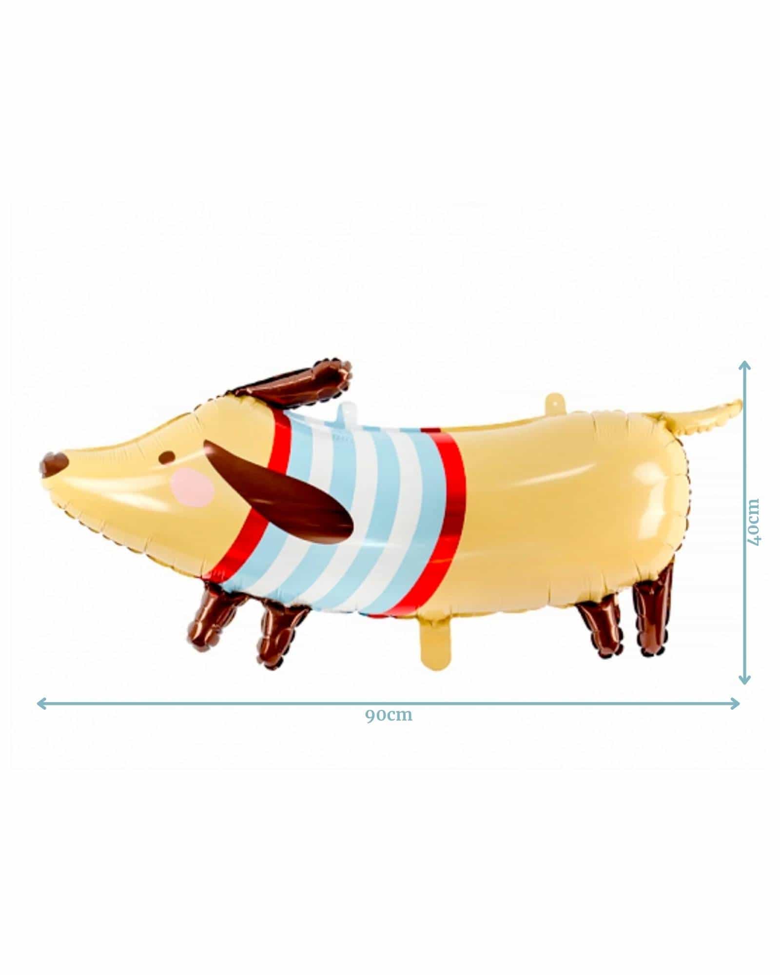 A playful balloon shaped like a dachshund, featuring a striped sweater, measuring 90cm by 40cm.