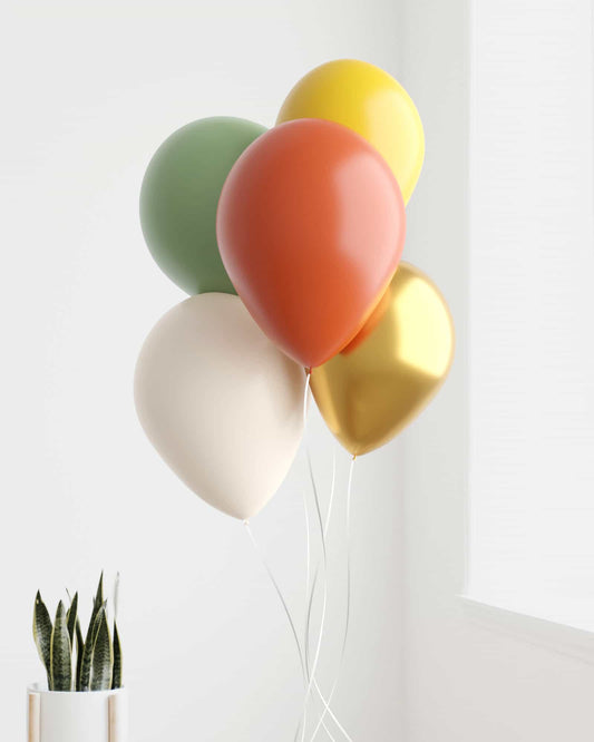 A cluster of colorful balloons in warm hues, set against a light background with a small potted plant nearby.