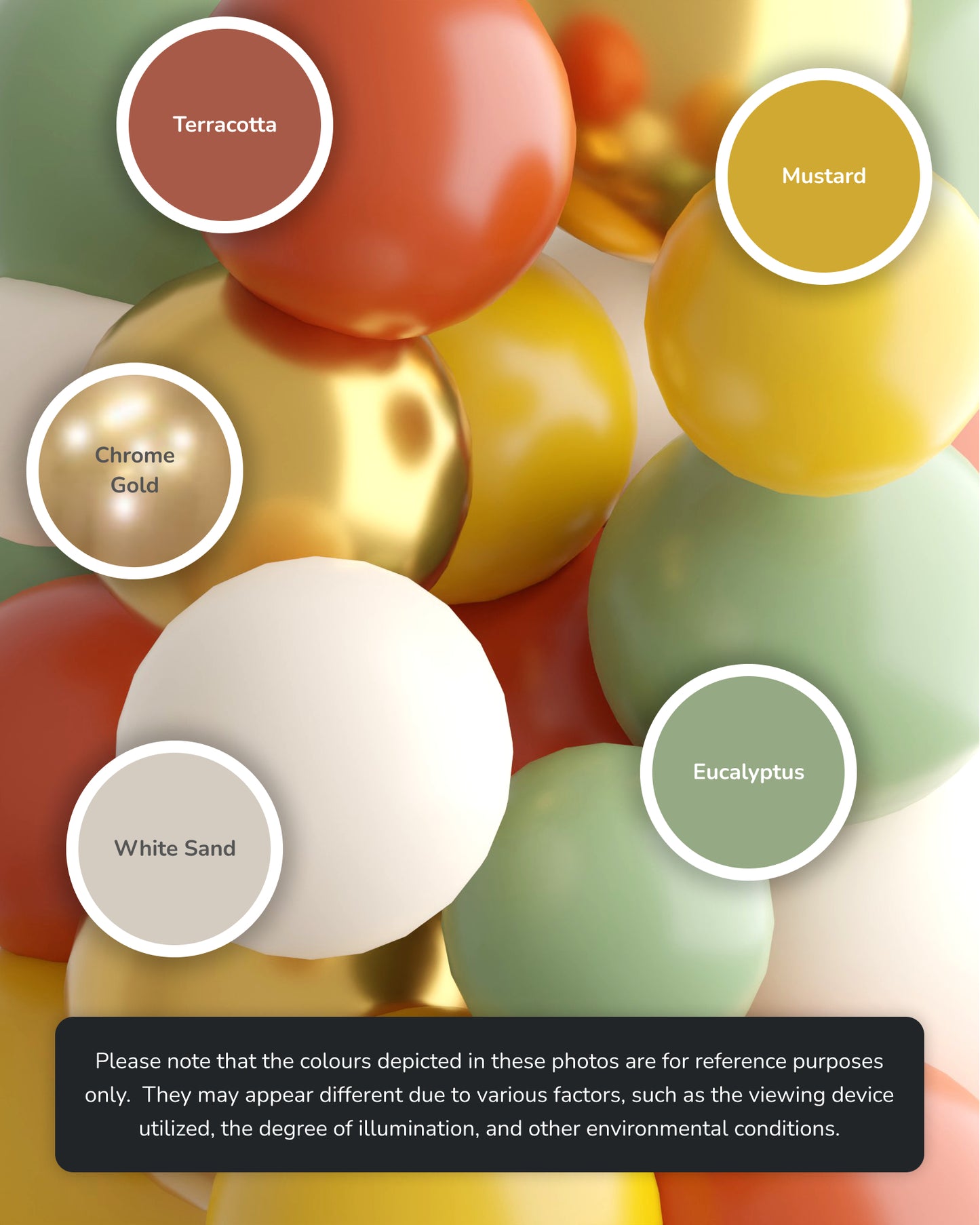 A collection of glossy spheres in warm and cool tones, labeled with color names like Terracotta and Eucalyptus.