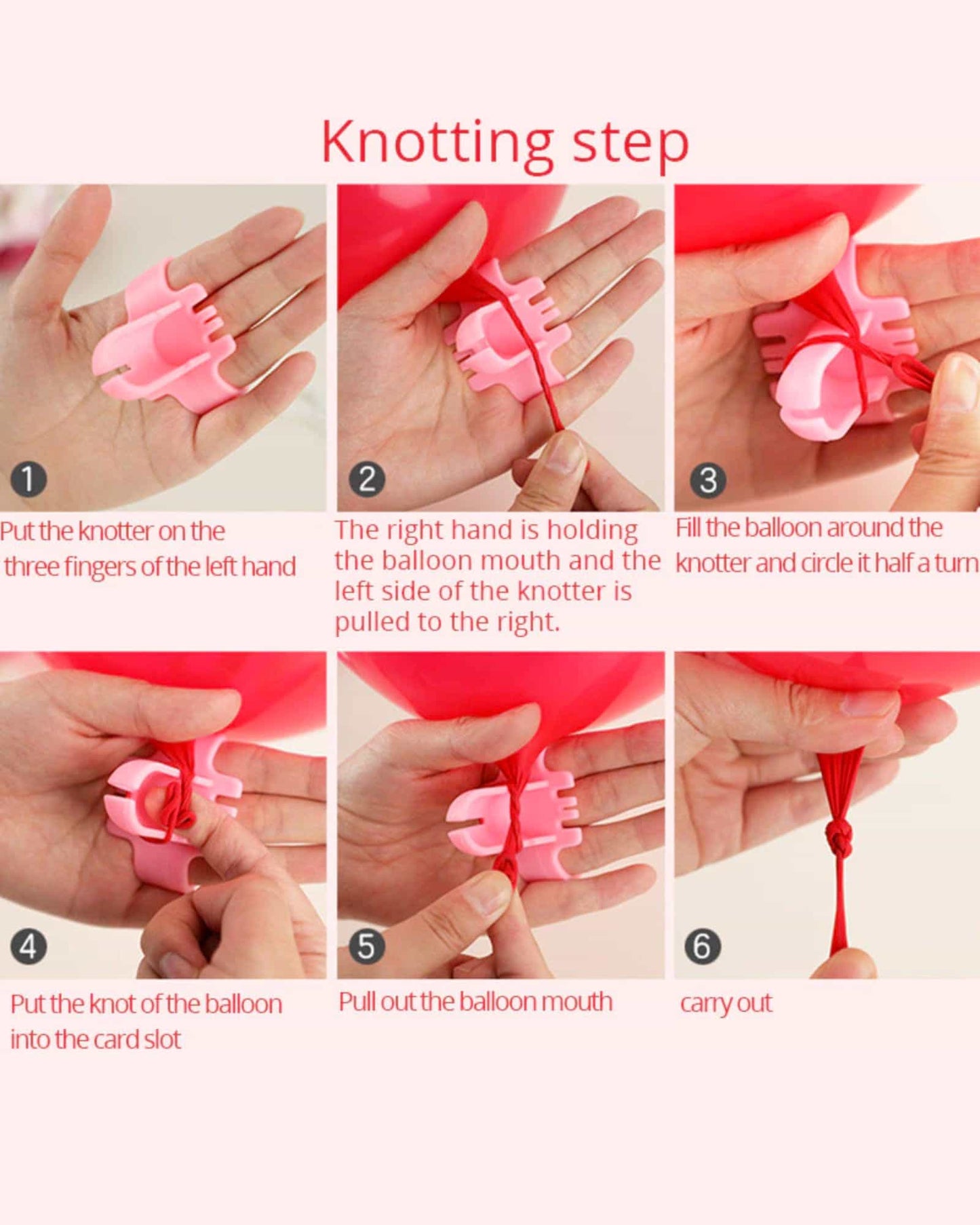 Instructions for tying a balloon, showing hands using a pink knotting tool with a red balloon.